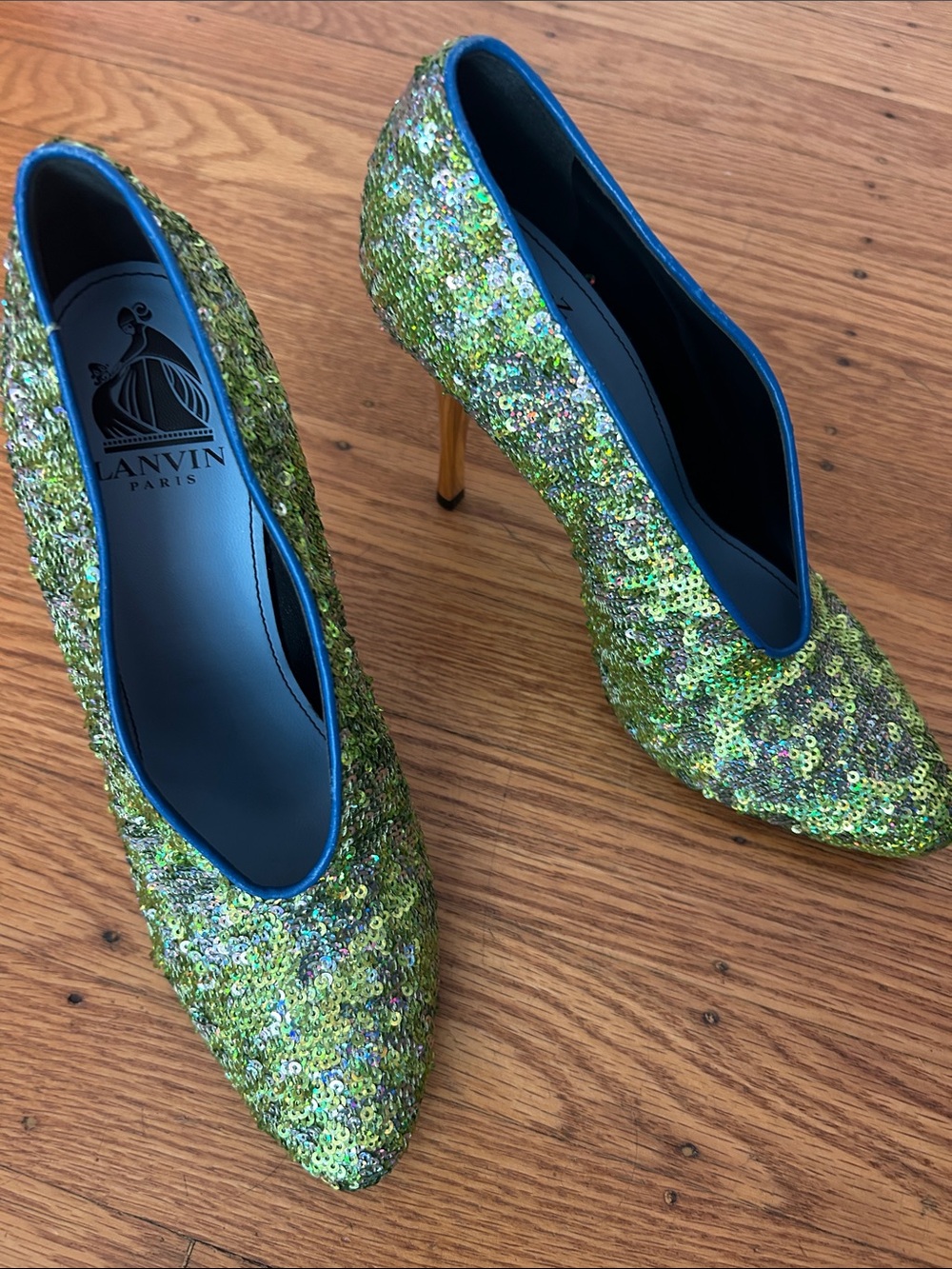 Lanvin Green Sequin Pointed Toe Stiletto Pumps with Blue Trim